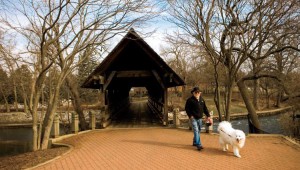The Naperville Riverwalk in Naperville, Illinois, is about 2 miles long and is a popular spot for jogging and walking.