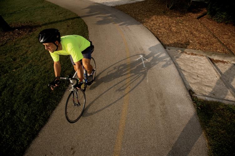 Ed Barsotti, age 43, the Executive Director of the League of Illinois Bicyclists, advises municipalities across the state and is a lobbyist to government about bike issues. He rides at Waubonsie Lake Park, part of the Fox Valley Parks District, in Aurora.