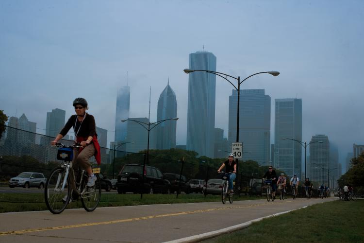 In downtown Chicago the bike path along Lakeshore Drive is a popular destination for bicyclists.
