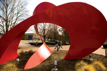 Landforms by Jack Arnold is one of several pieces of art along the riverwalk in Naperville, Illinois. The Naperville Riverwalk was built in 1981 to commemorate the 150th birthday of Naperville.