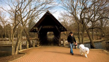 The Naperville Riverwalk in Naperville, Illinois, is about 2 miles long and is a popular spot for jogging and walking.