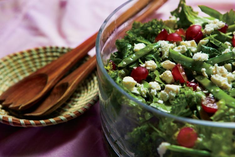 Mixed Green Salad with Snow Peas, Grapes and Feta