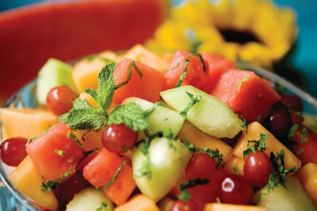 Three-Melon Fruit Salad Recipe with Honey Lime Mint Dressing