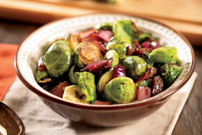 Roasted Brussels Sprouts with Balsamic Glazed Red Onions