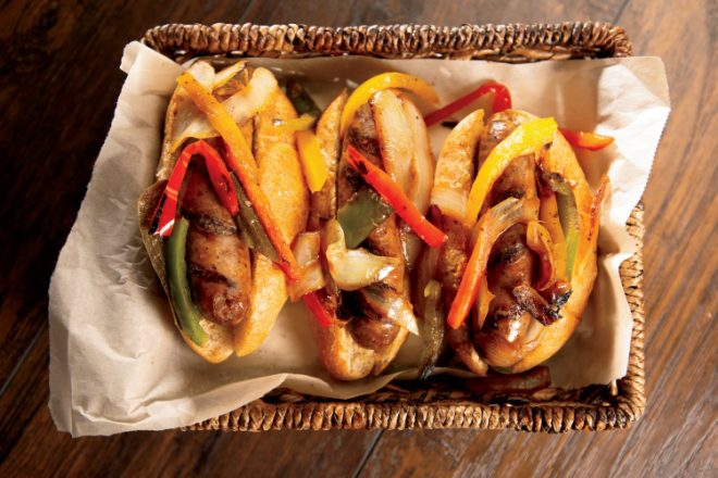 Grilled Sausages with Caramelized Onions and Sweet Peppers