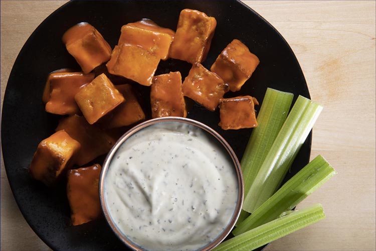 tofu recipes; Buffalo Tofu Bites with Vegan Ranch Dressing