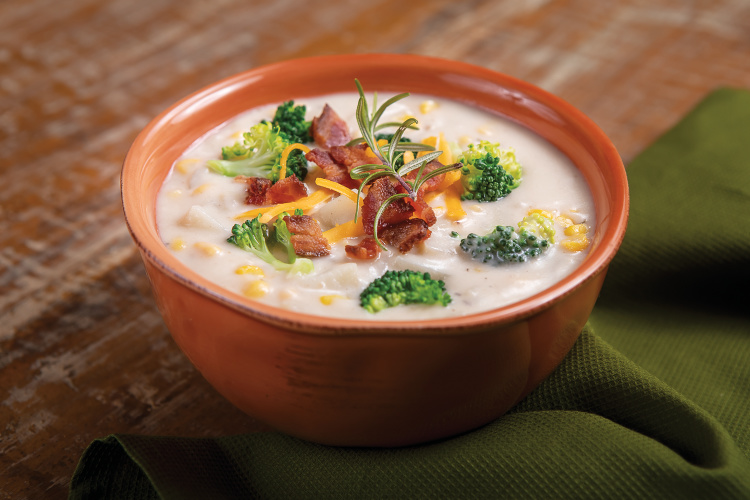 Broccoli Chowder with Potato, Corn and Bacon.