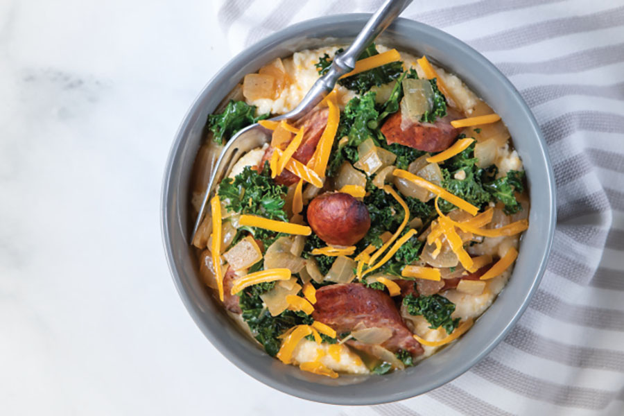 Spicy Sausage, Kale, and Cheesy Grits. 