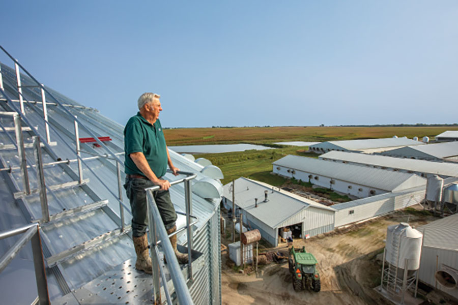 Randy Sims looks over his pig barns and corn fields from on top of a silo at his farm near Liberty.