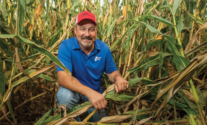 Jeff Kirwan kneels next to stalks or corn damaged in a wind storm at his farm near New Windsor.