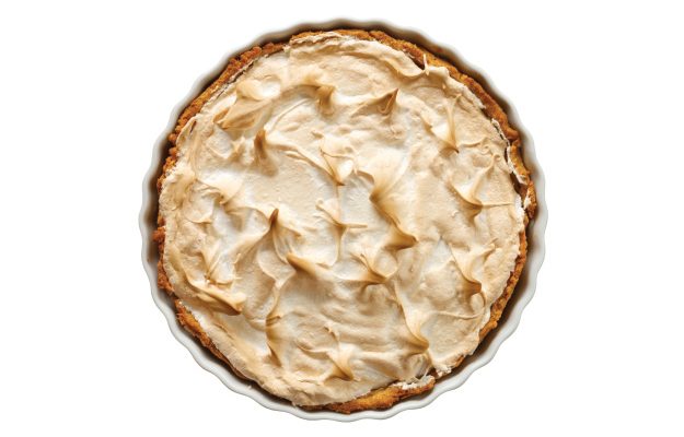 Overhead view of a freshly baked lemon meringue pie.