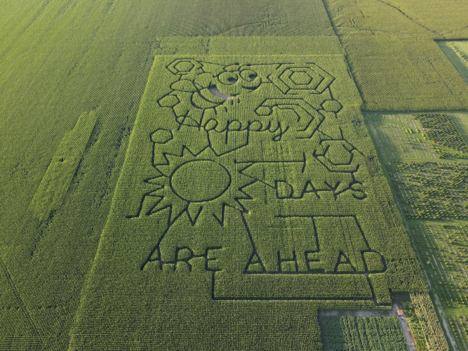 The 2020 corn maze at Bomke’s Patch in Springfield had an uplifting message: Happy Days Are Ahead.