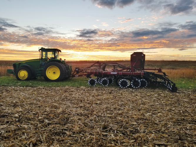 Nolan and Lucas planting soybeans into green cover crops