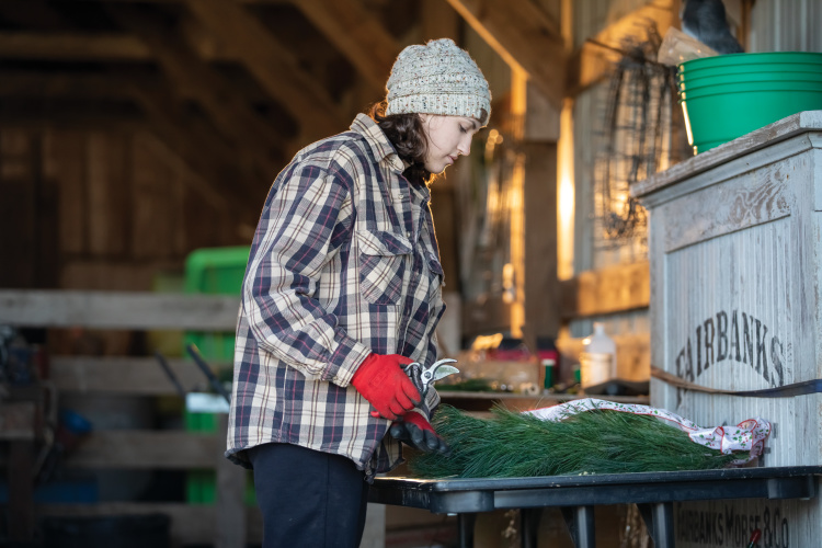 Isabella creates Christmas decorations using tree branches