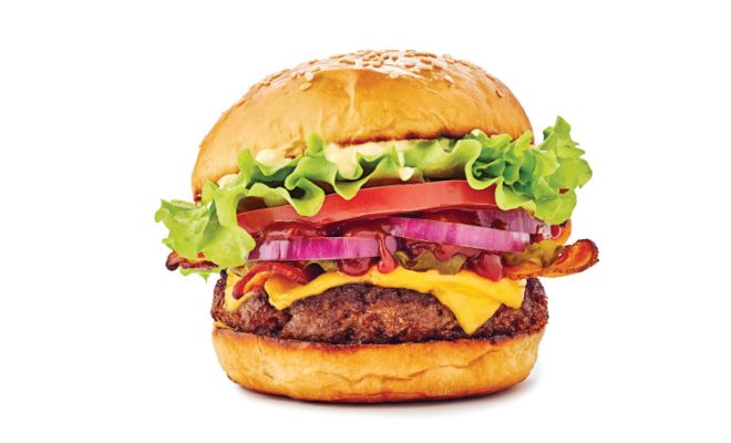 hamburger with cheese, lettuce, tomato, pickles and onion