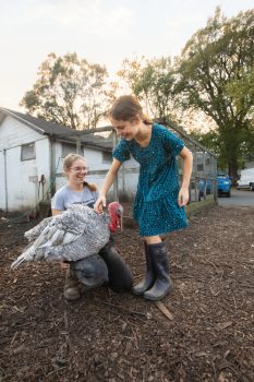 Girls petting a turkey