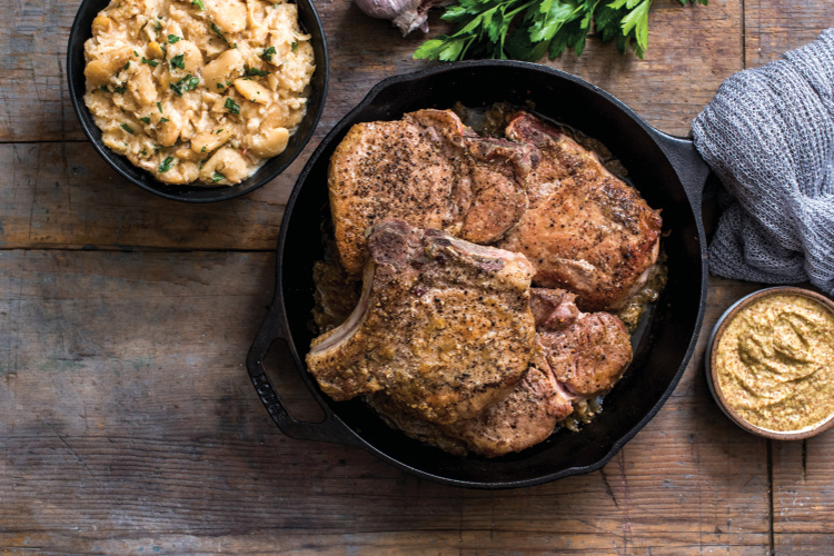 Maple-Mustard Glazed Pork Chops with Butter Bean Smash