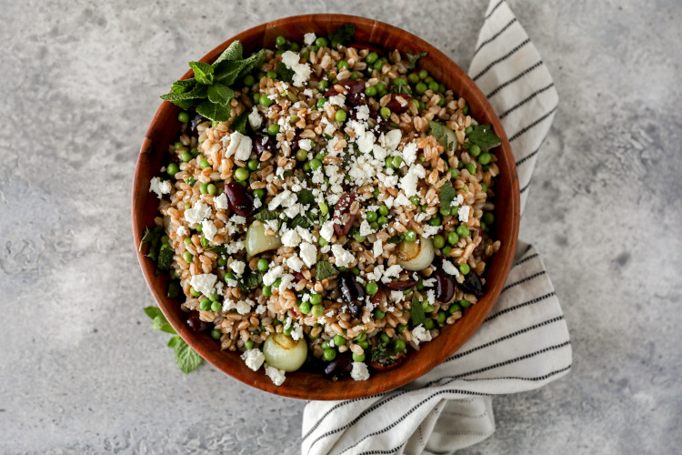 Farro Salad with Peas, Pearl Onions, Feta and Mint