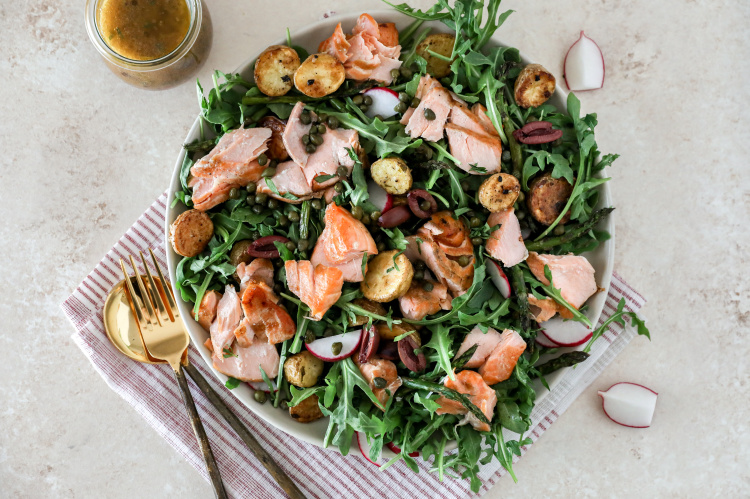 Grilled Salmon, Arugula, and Potato Salad with Olive Vinaigrette