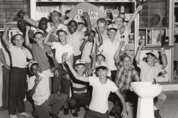 Black and white photo of kids with ice cream at the Noble Dairy Queen
