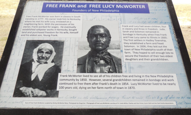 A sign about Frank and Lucy McWorter at New Philadelphia