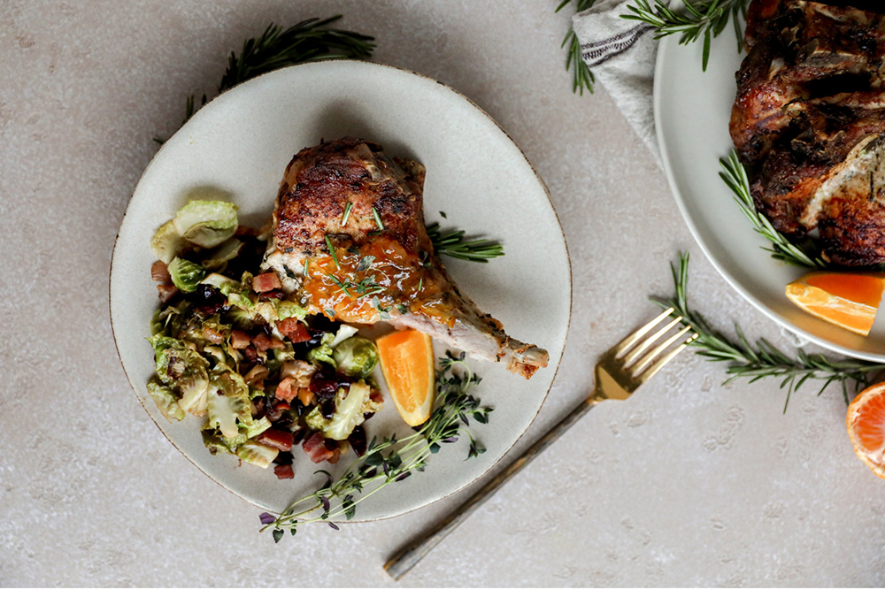 Garlic-Rosemary Crusted Crown Roast of Pork with Warm Brussels Sprouts Salad; holiday party recipes