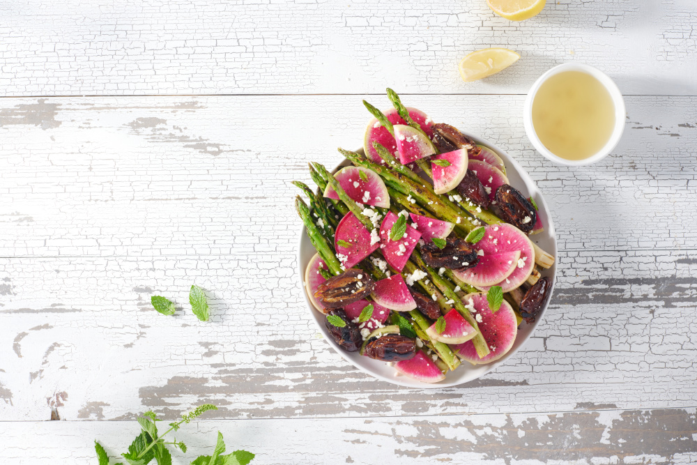 Charred Asparagus, Radishes and Dates with Goat Cheese