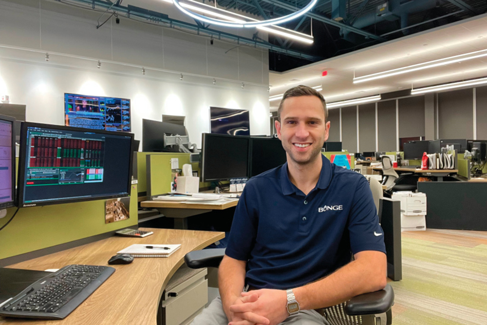 Kevin Glauber sitting at his desk at Bunge 