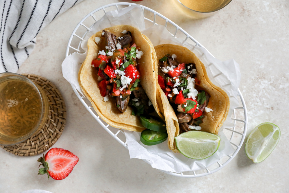 Carne Asada Tacos with Strawberry Jalapeno Salsa