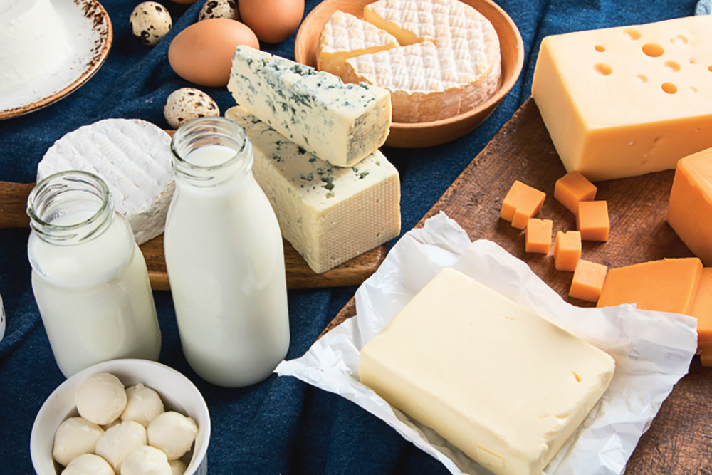 A variety of cheeses and milk