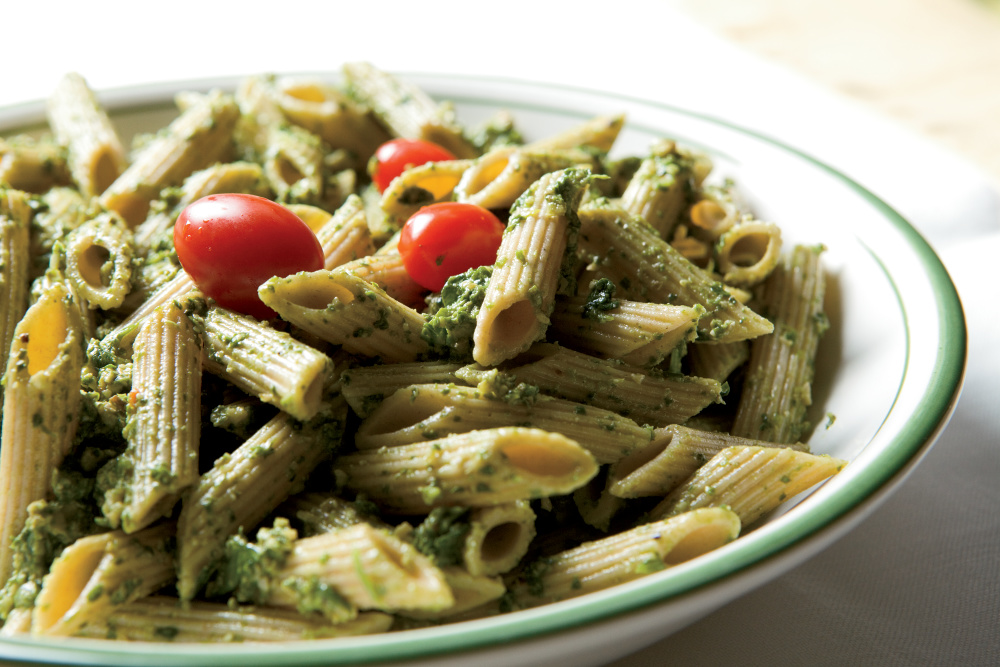 Spinach-Arugula-Walnut Pesto Over Whole-Wheat Penne