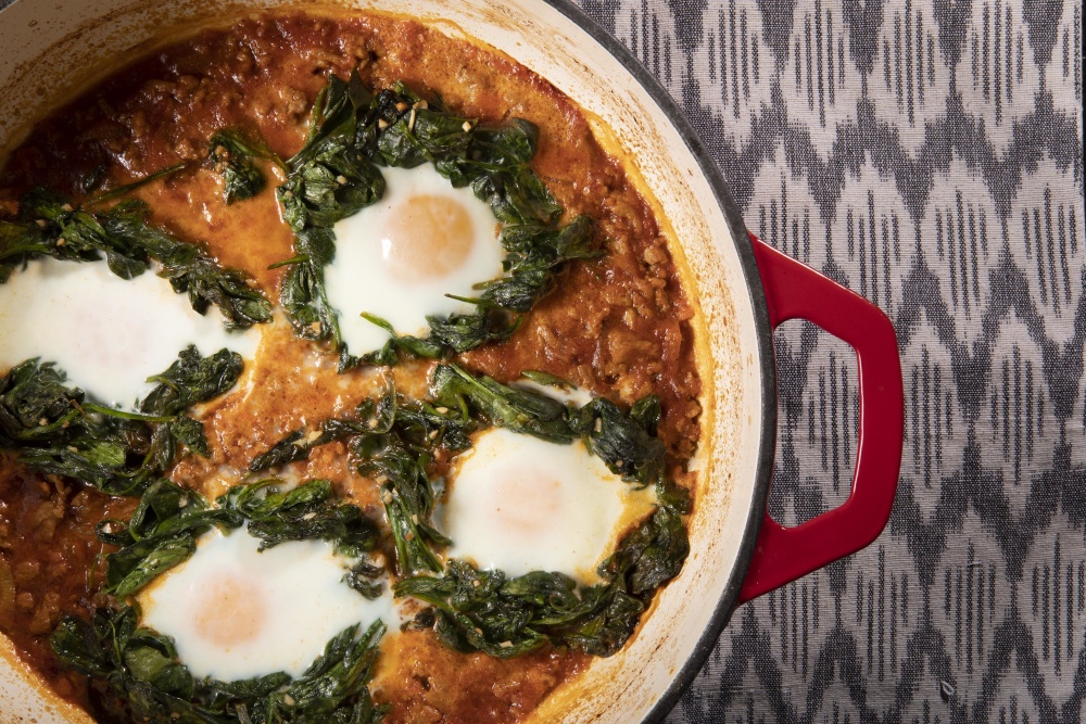 Sloppy Joe Shirred Eggs with Spinach