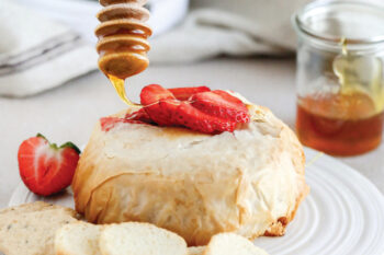 Phyllo Baked Brie with Strawberries and Honey