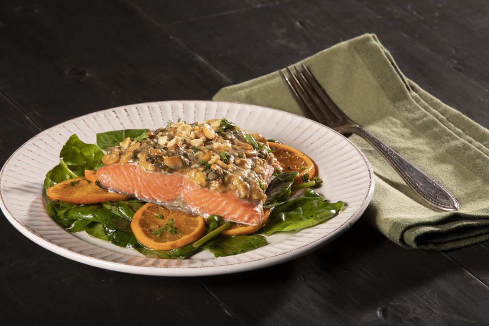 Salmon with Peanut Crust on Spinach with Satsumas