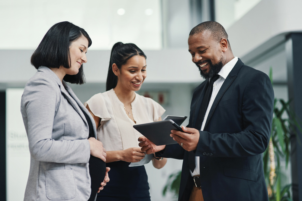 Three people in a discussion 