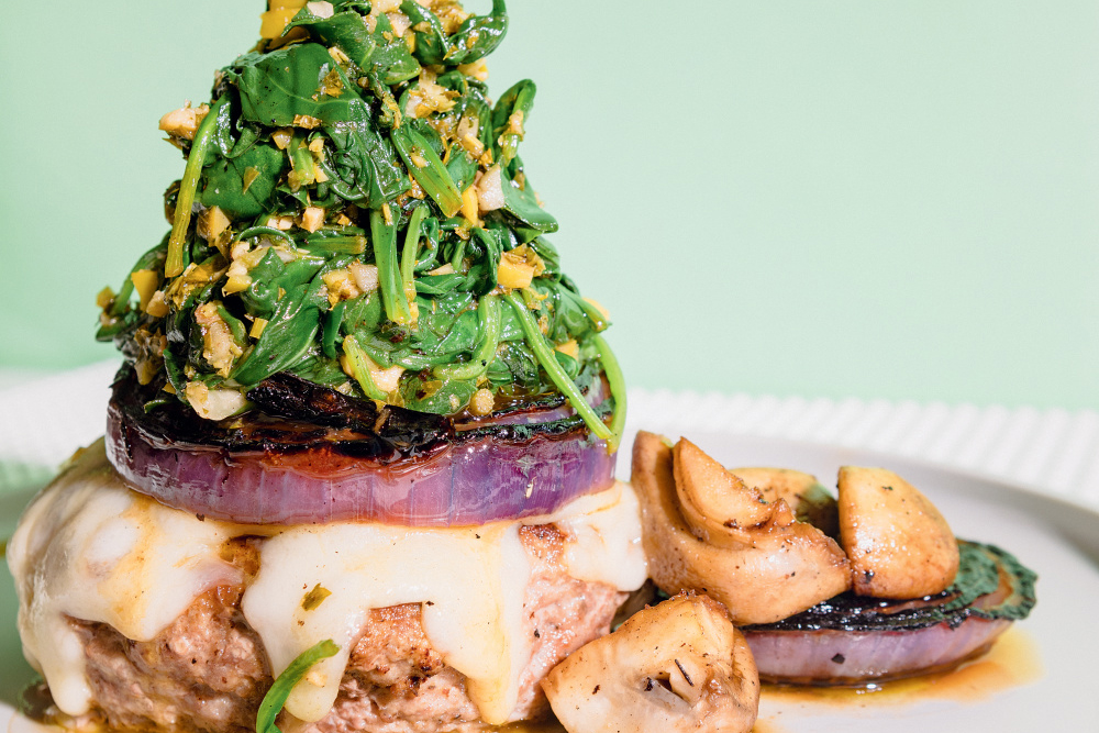 Naked Pork Burgers with Swiss, Charred Red Onion, Mushrooms and Lemony Spinach
