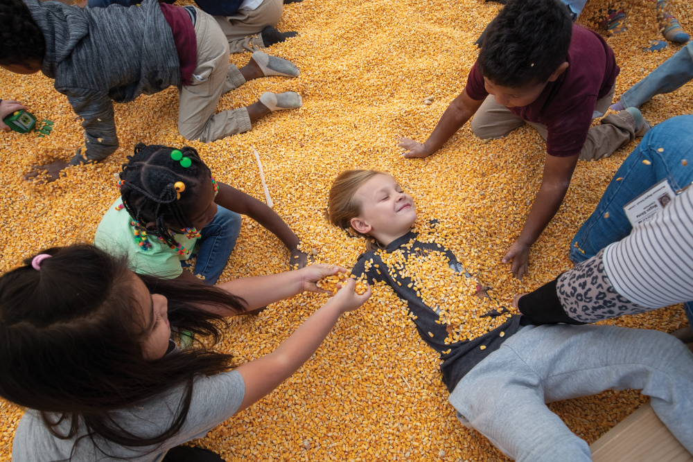 Kids playing in corn at Benoit Greenhouses