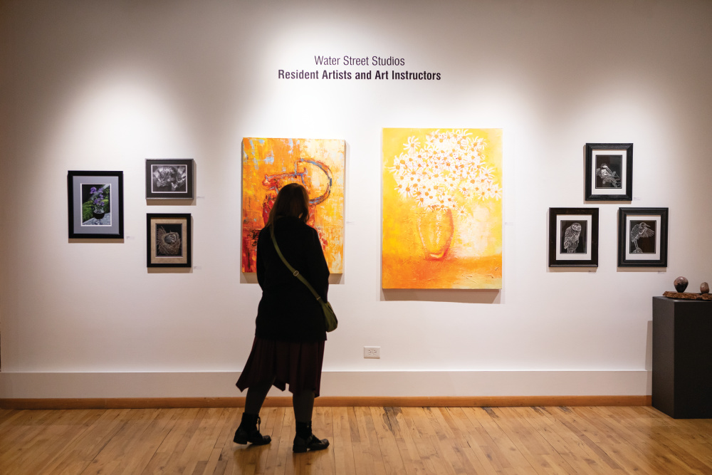 A woman looks at paintings at the Water Street Studios