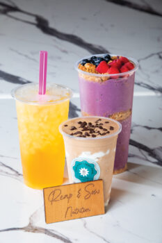Beverages from Reap & Sow including an espresso meal replacement, orange pina colada tea and an acai bowl