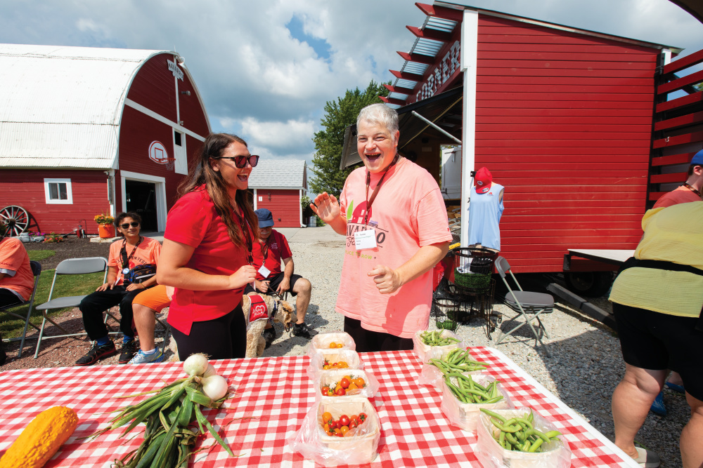 Jordan Knapp and Tommy Mayer putting tomatoes in boxes for farmers market