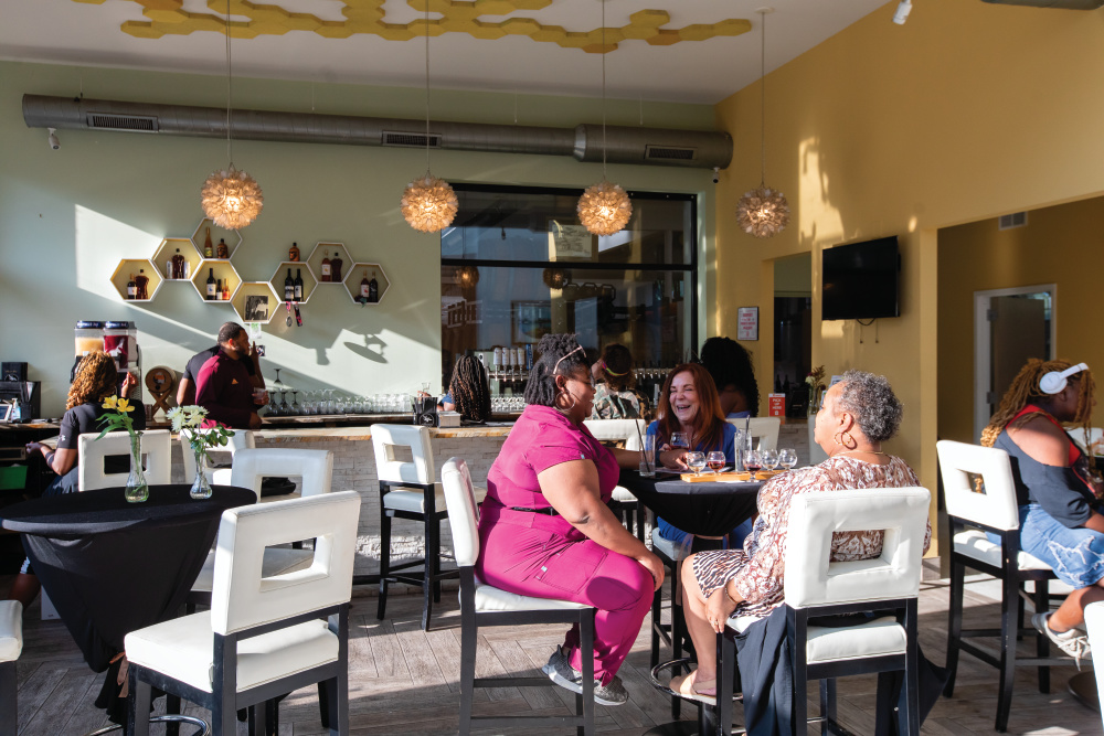 People sampling meads and wines at Wild Blossom Meadery