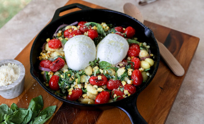 Summer Skillet Gnocchi with Grilled Corn and Burrata