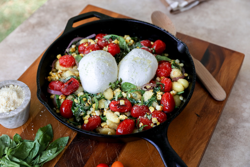 Summer Skillet Gnocchi with Grilled Corn and Burrata