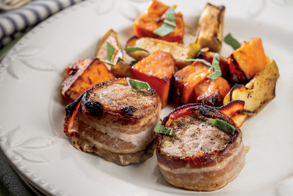 Bacon-Wrapped Pork Tenderloin with Sweet Potatoes and Apples