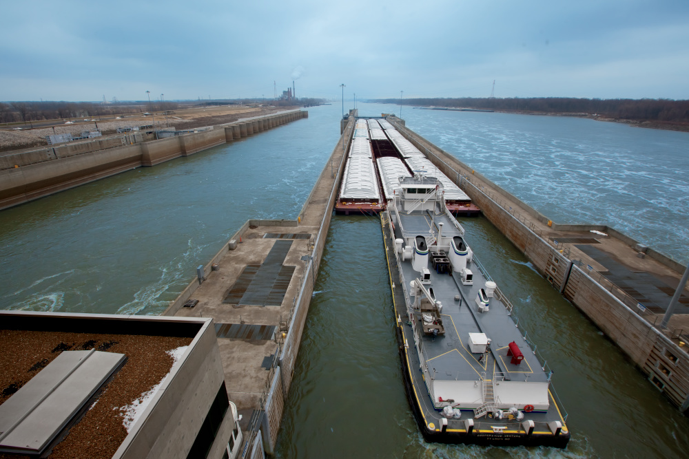 A barge is docked at the Melvin Price Locks and Dam in Alton, Illinois.