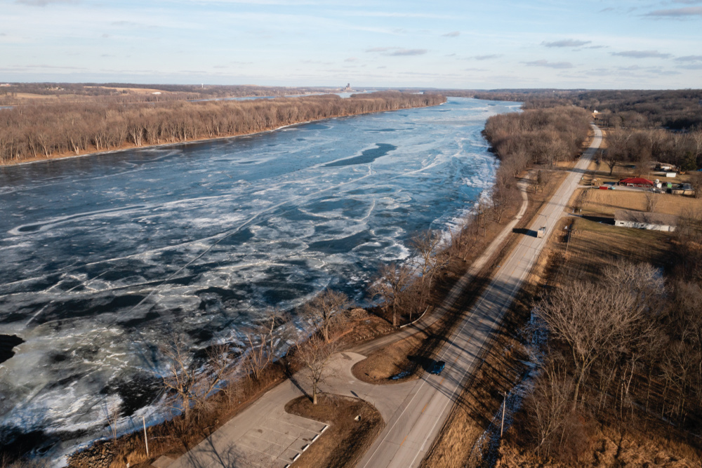 Drone view of the Andalusia Slough Recreation Area on the Mississippi River