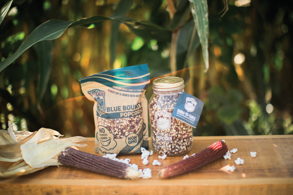 Pilot Knob Farm popcorn in a bag and jar