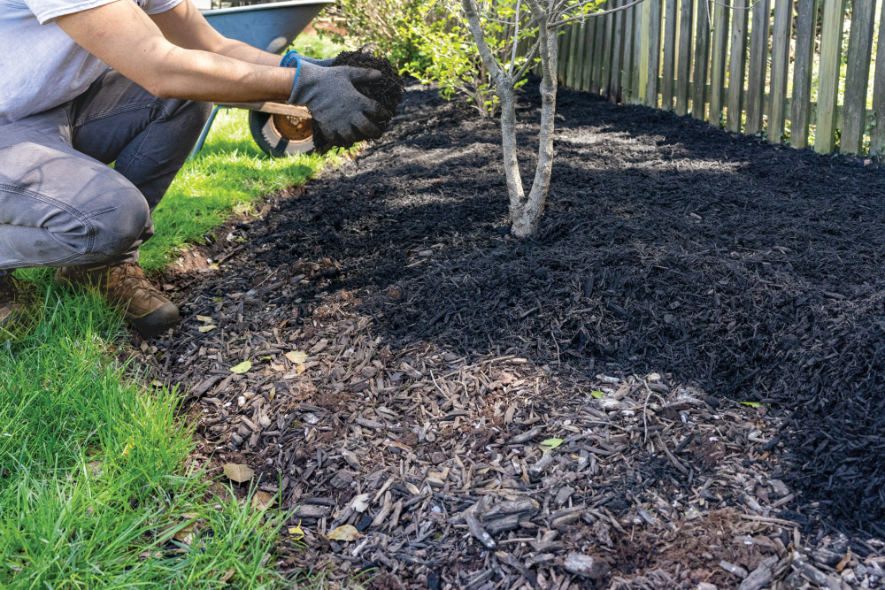 Man tosses handfuls of mulch into a prepared bed
