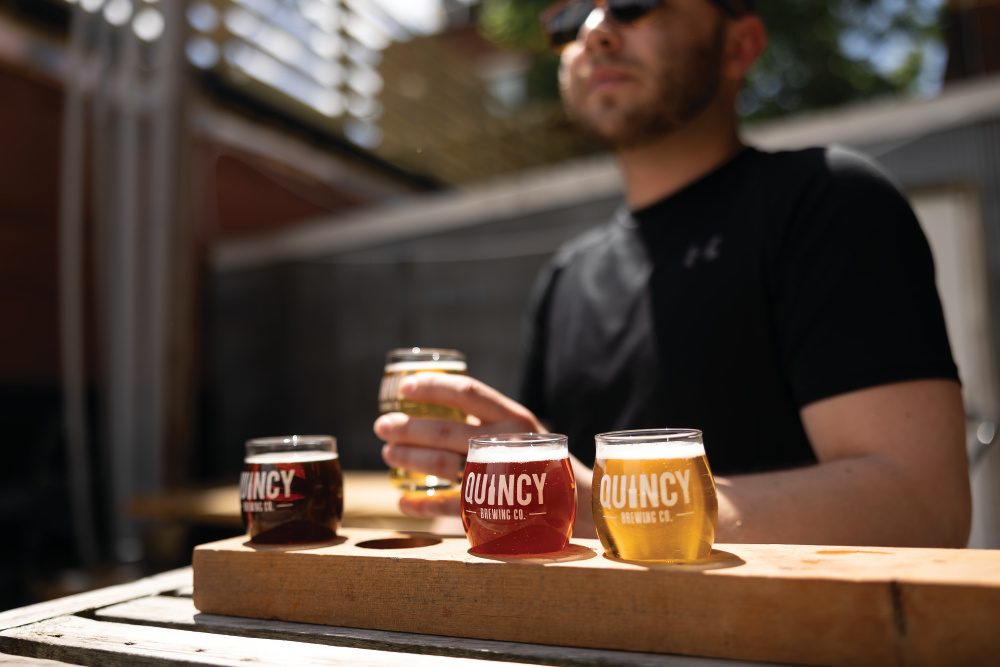 Up-close of a flight of beer at Quincy Brewing Co.