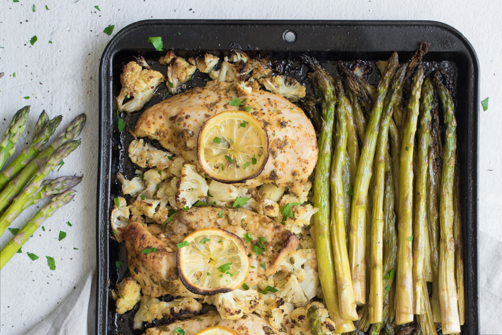 Sheet Pan Lemon Chicken with Asparagus and Cauliflower